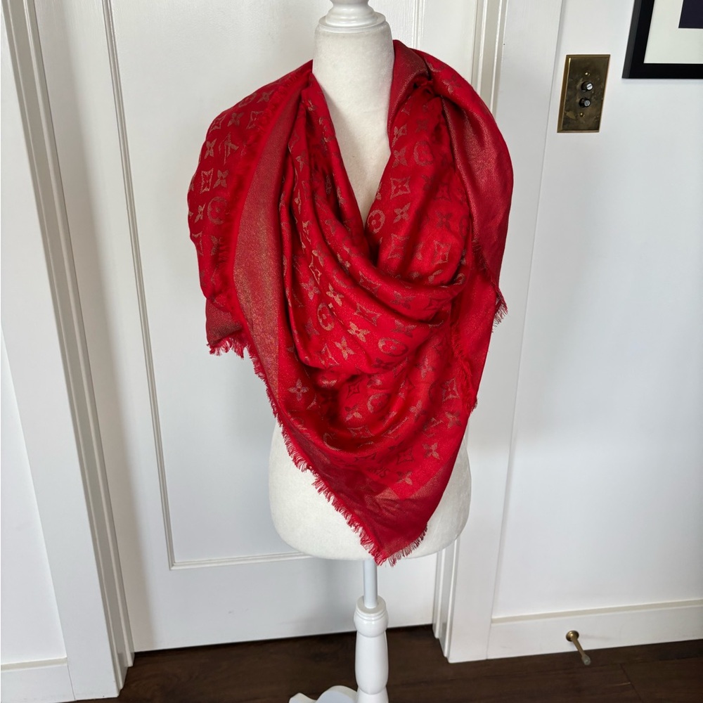Louis Vuitton Red & Gold Monogram Wool & Silk Shawl - Picture 2 of 5